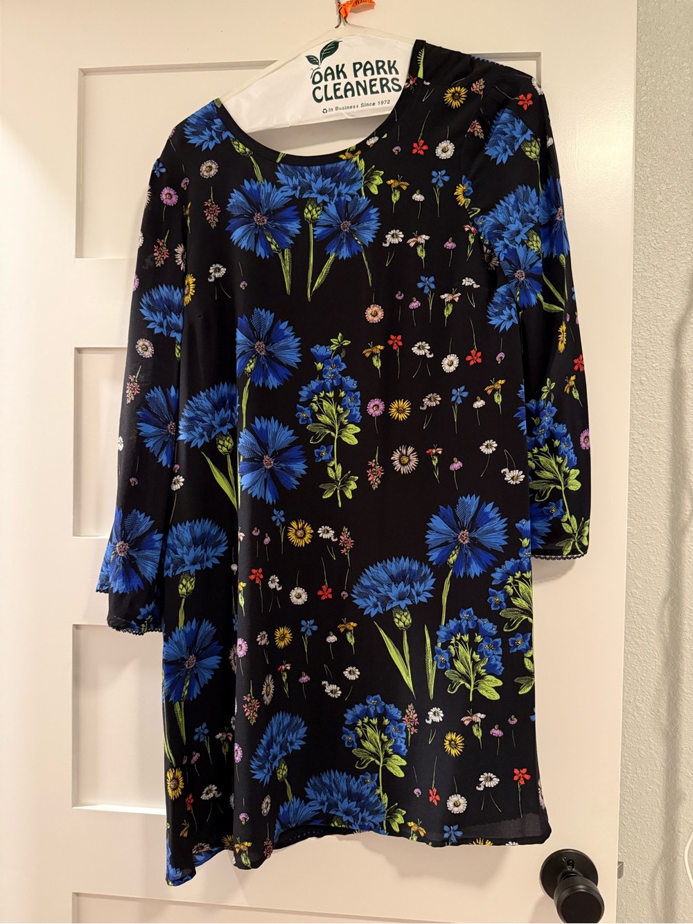 Anthropologie Black Midi Dress with Blue Floral Print